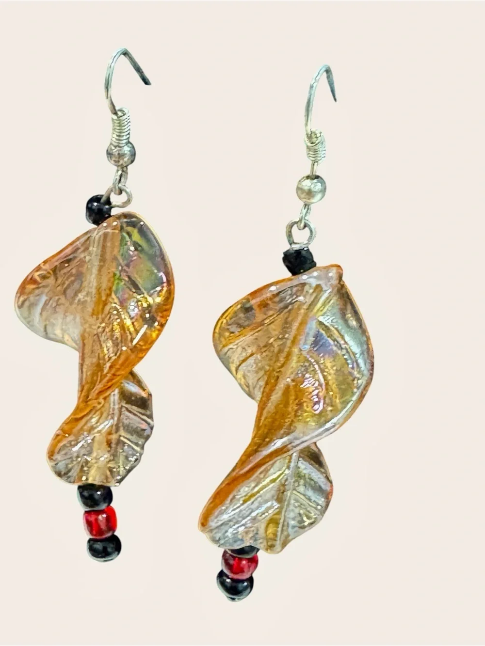 Handcrafted Amber Leaf Glass Dangle Earrings Black Red Bead Artisan Boho